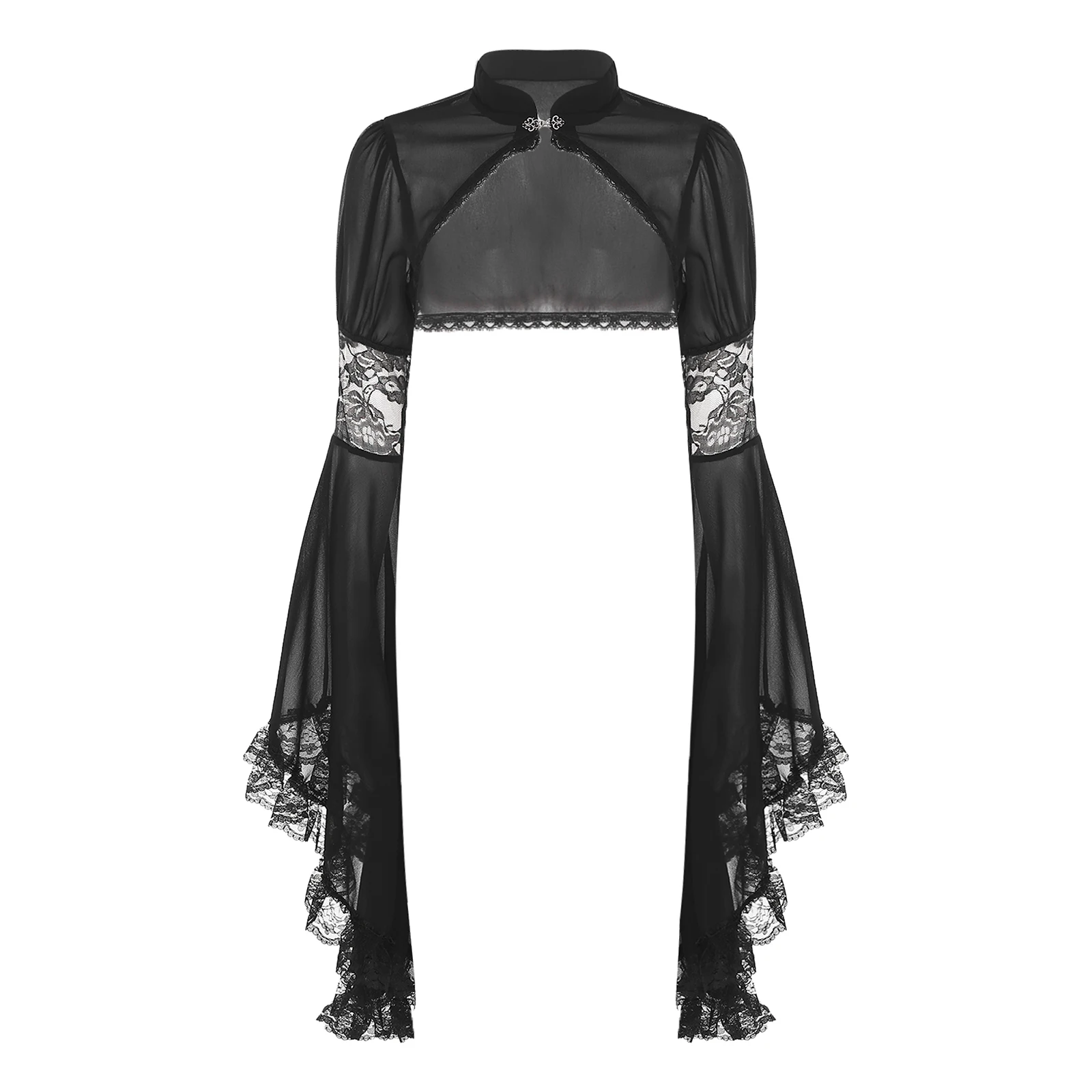 

Women Gothic Vampire Chiffon Shrug Shawls Exaggerated Flared Sleeve Ruffled Floral Lace Trim Mock Neck Bolero Dress Cover-up