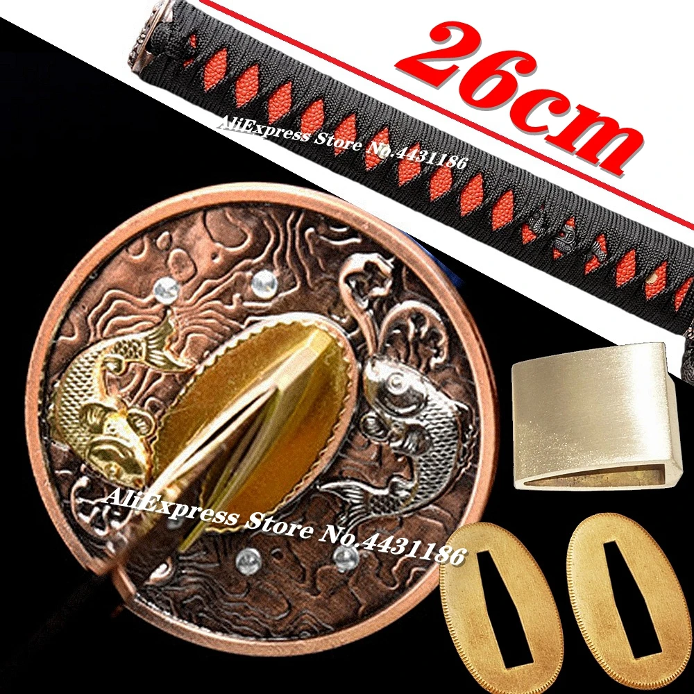 26cm lidar com real katana tsuka japonês samurai espada guarda acessórios de liga conjunto peixe tsuba + menuki + fuchi + kashira + habaki + seppa