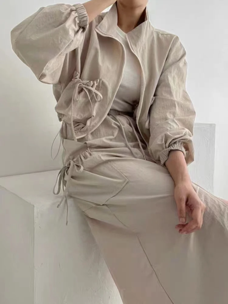 

Chic ort Jaet And Skirt Women's Faion Set Vintage Design Autumn Outfit Two-Piece Suit Zipper Long Sve Dres