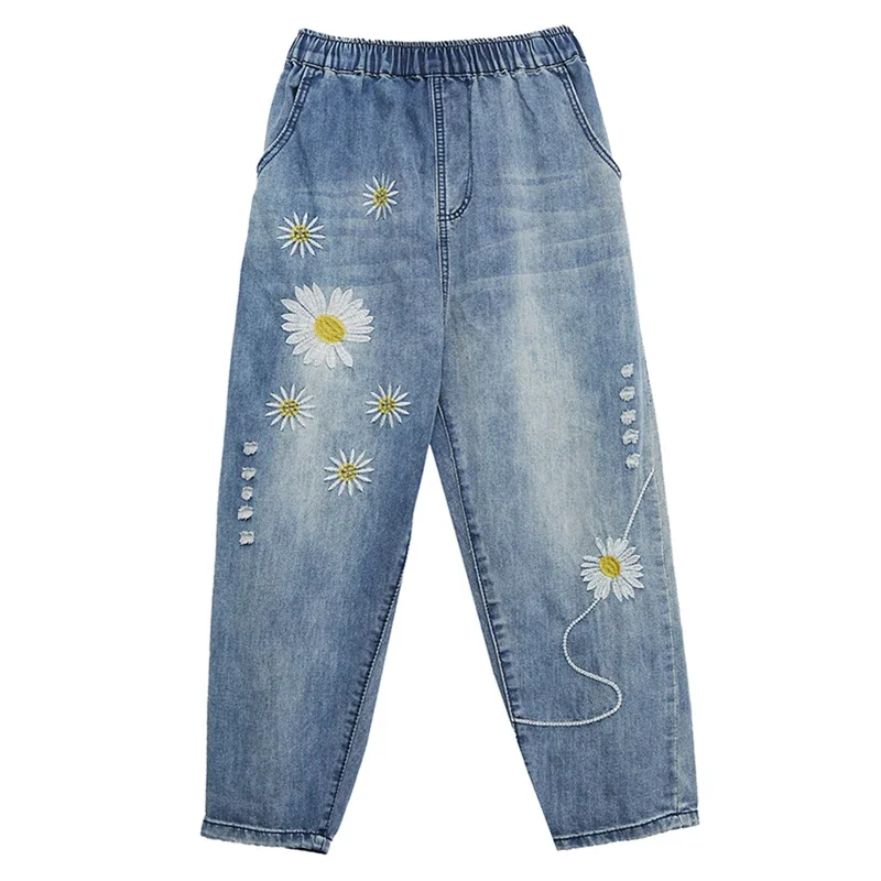 Aricaca Summer Fashion Style Ladies Vintage Embroidery Jeans Women Casual Floral Denim Trousers Ripped Harem Pants