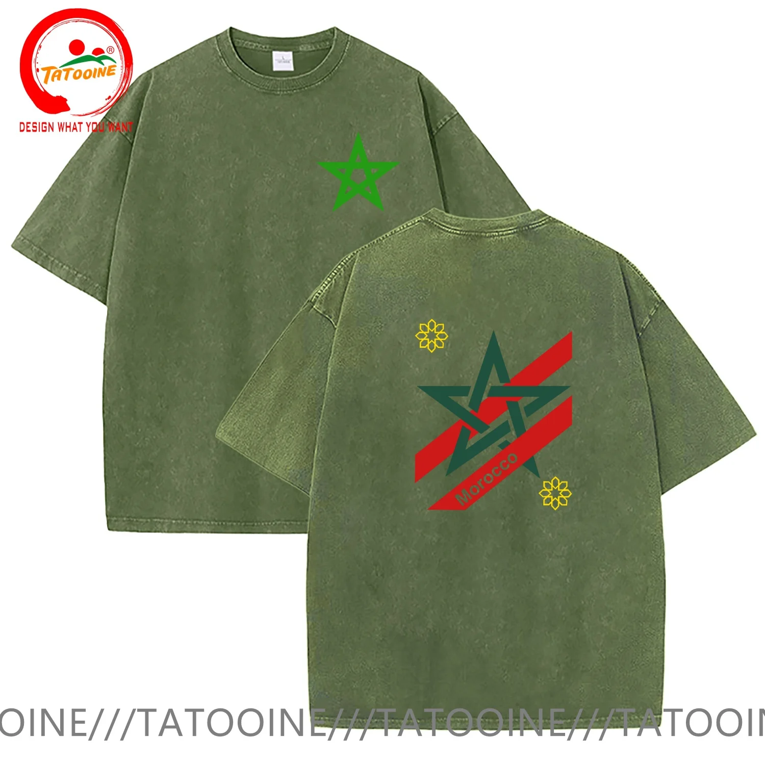 Vintage Washed Cotton T-Shirt Funny Designer Morocco Flag His Star is Green T Shirt Men Fashion Trendy Casual Clothing Stylish