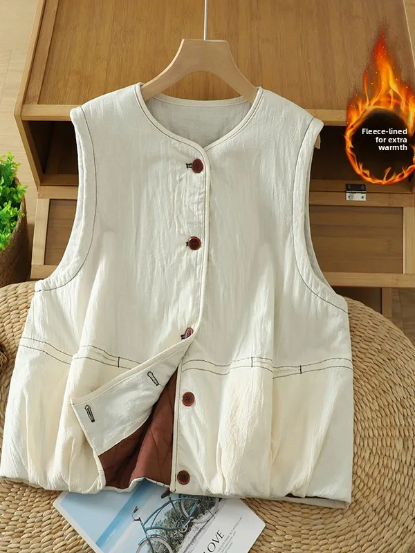 

Winter Casual Artistic Cotton Linen Cotton Vest Retro Multi-ket Workwear Warm Cotton Coat Vest Women Thiened round Ne ...