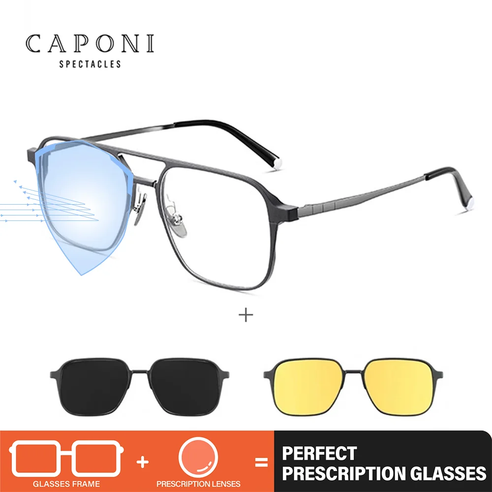 

CAPONI Magnetic Men Glasses Polarized And Night Vision Clip Combine 3 In 1 Eyeglasses Frame Anti Blue Light Glasses PJ7038