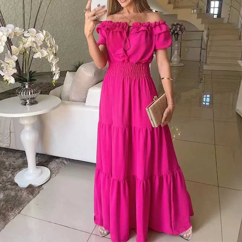 

Summer Solid Boho Dress Women Fashion Elegant Beach Party Dress Casual Slash Neck Office Maxi Dresses For Woman Robe Femme