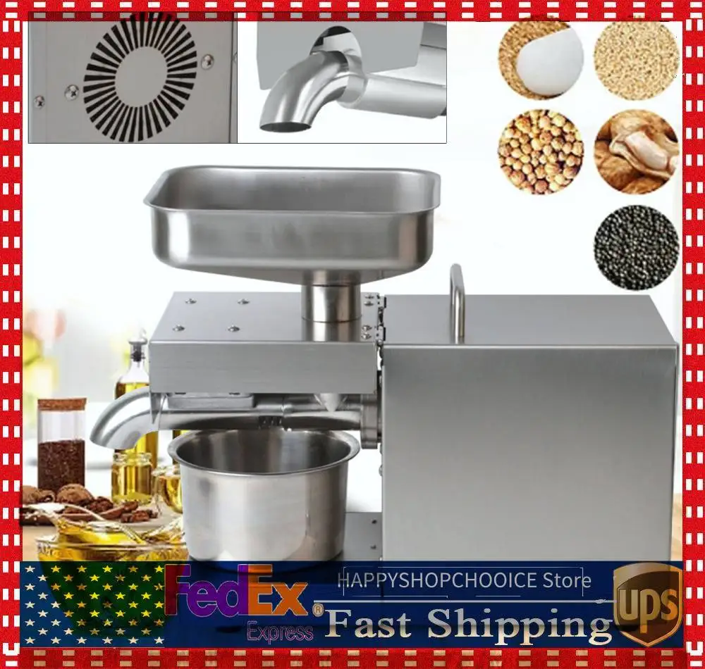Prensa de aceite automática comercial de 600 W, prensa de aceite compacta de acero inoxidable de 110 V adecuada para una variedad de materias primas