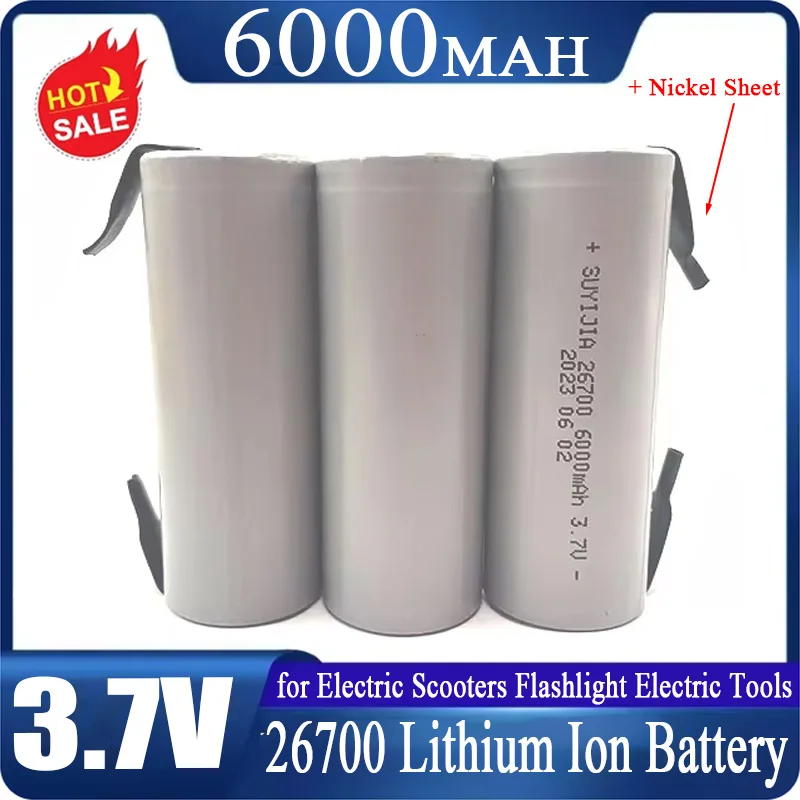 New 26700 Rechargeable Lithium ion Battery 3.7V 6000mAh 5C High Power Discharge for Electric Scooters Flashlight + Nickel Sheet