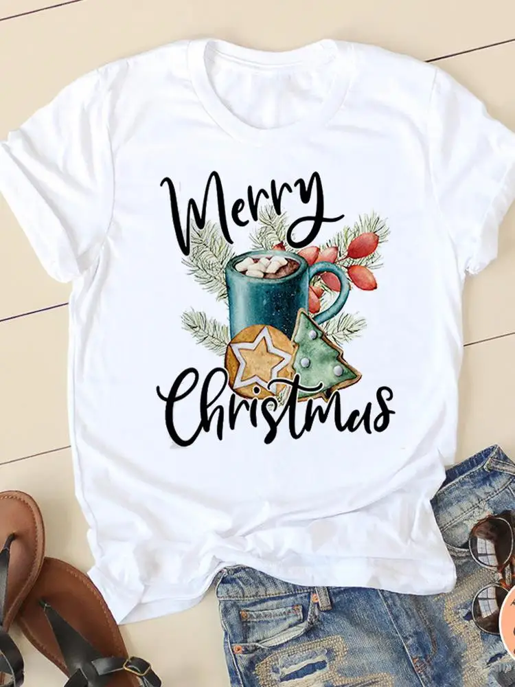 Christmas Watercolor Style Cute 90s Fashion Prints T-shirt New Year Women Clothes O-neck Graphic Lady Casual Female Shirt Tee