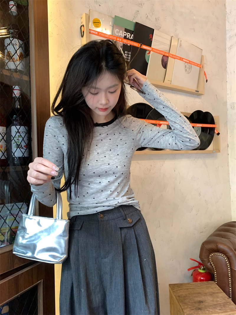 Gray Polka Dot Long Sleeve Women\'s T-shirt Shoulder Width Regular Fit Base Layer Top Korean Style Spring New High End Feeling