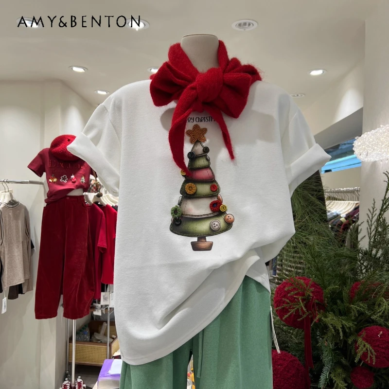 

Christmas Atmosphere Thickened Brushed Short Sleeved T-shirt Autumn Winter Heavy Decoration Loose Oversized Half Sleeves Shirt