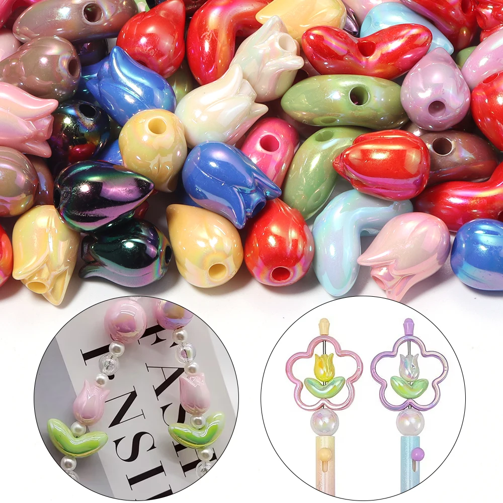 20 Stück farbig plattierte Tulpenblüten- und Blätter-Acrylperlen, lose Abstandsperlen für DIY-Bastelarbeiten, Ohrringe, Schlüsselanhänger, Schmuckherstellungszubehör – Detail 2