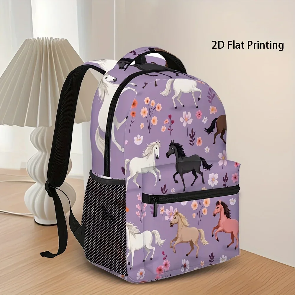 Custom Bag 1pc Vibrant Horse & Floral Print Backpack - Lightweight, Compact, And Functional For School Or Work, With Adjustable