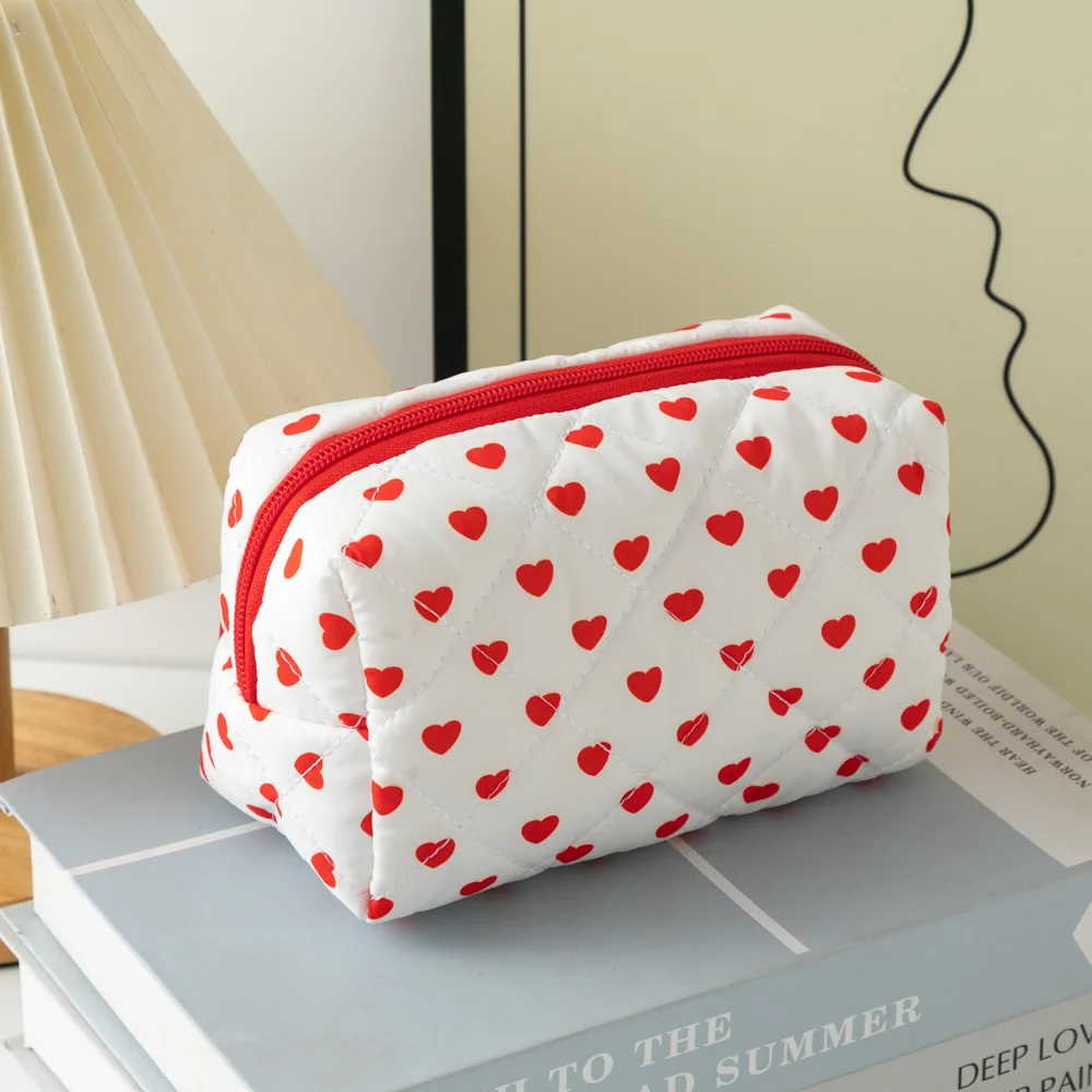 Cute Heart Pattern Makeup Brush Bag,Cotton Drawstring Cosmetic Pouch for Women, Travel Toiletry Storage Organizer Gift view 4