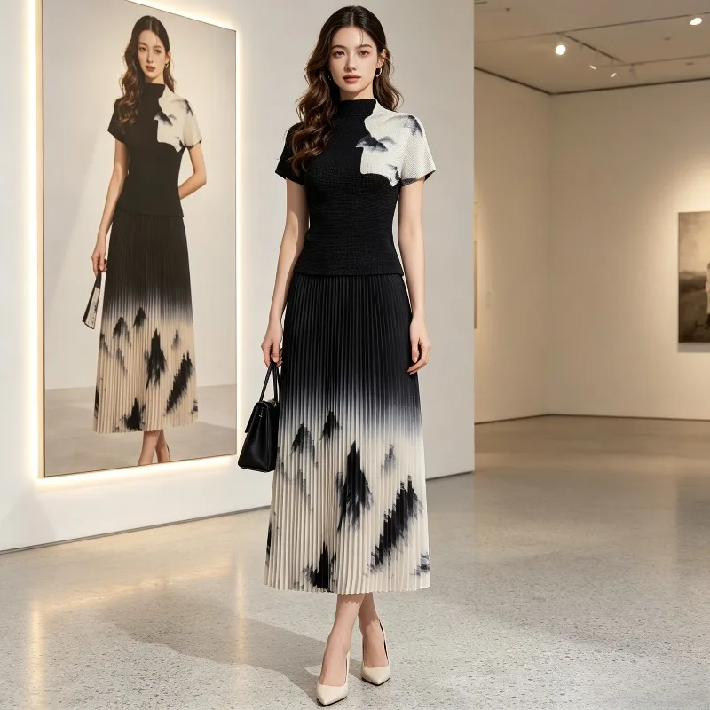 Miyake Pleated New Chinese Style Women's Suit with High-end Feel Ink Landscape Painting Retro Skirt Complete Two-piece Set Pleat