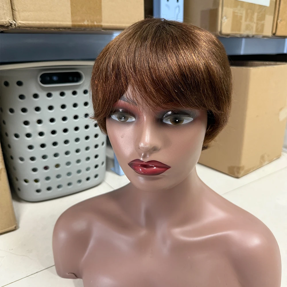 4 # قصيرة عابث قطع شعر مستعار شعر الإنسان الشوكولاته براون خصلات الشعر المستعار الإنسان للنساء الصبي قطع شعر مستعار Duby رخيصة مع الانفجارات آلة صنع الباروكات #1