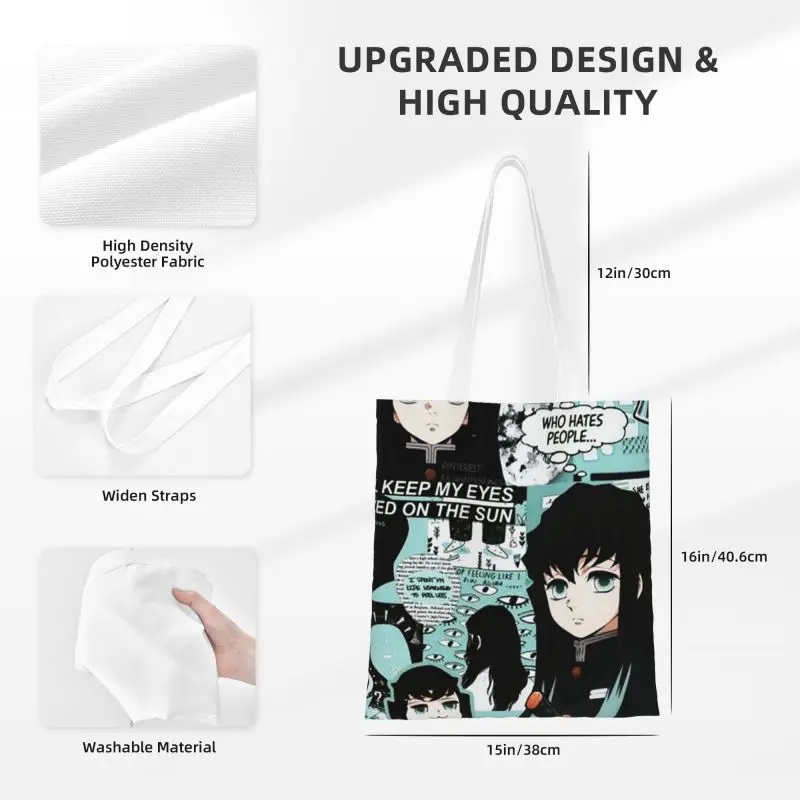 Anime Demon Slayer Grocery Shopping Bags Funny Print Canvas Shopper Shoulder Tote Bags Muichiro Tokito Kimetsu No Yaiba Handbag