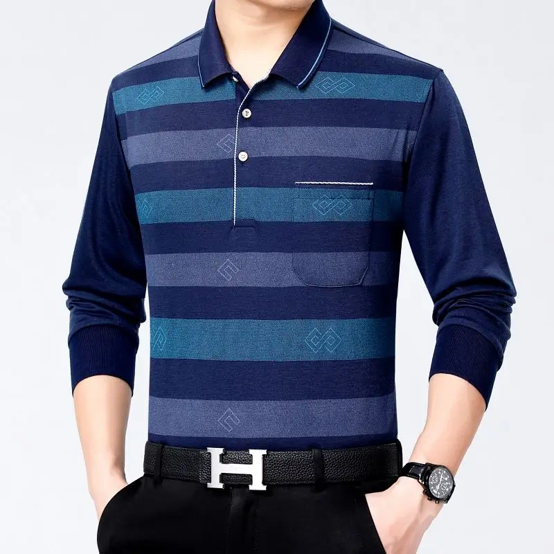 Middle-aged Men's Clothing Spring Long Sleeve New Lapel Thin Striped Printed Spliced Pockets Loose Causal Fashion Polo Shirt