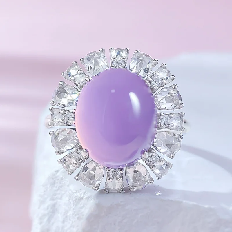 S925 Pure Silver Egg Face High Ice Glass Seed Violet Jade Pigeon Egg Fashion Light Luxury Style Diamonds