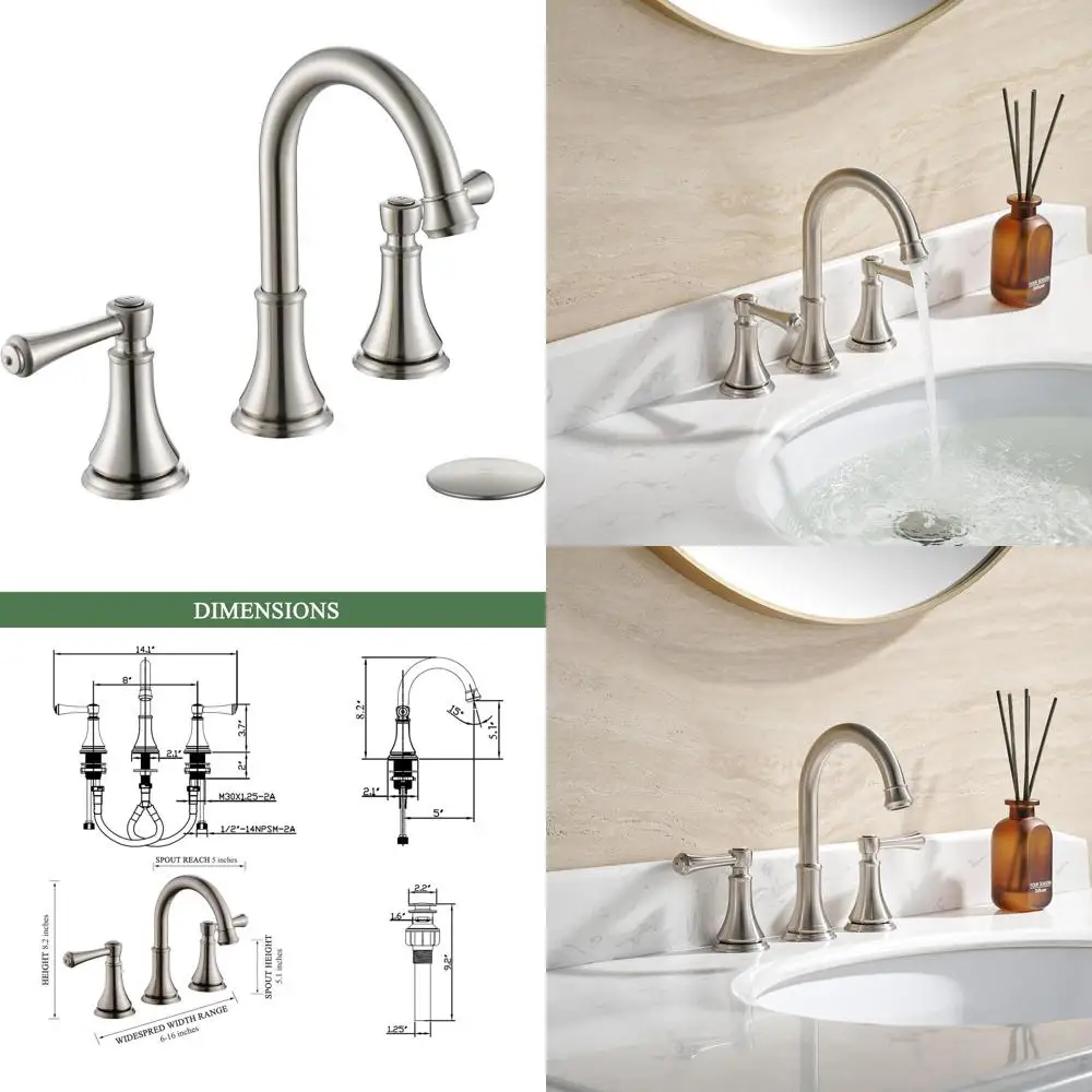 

8 Widespread Brushed Nickel Bathroom Sink Faucet with Pop-Up Drain and 360° Swivel Spout, Modern Vanity Lavatory Fixture, TAF830