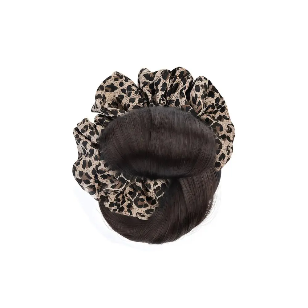 Jepit Rambut Sintetis Model Sanggul Motif Leopard dengan Ikat Rambut Wig Jepit Rambut Palsu Cokelat Mengembang Aksesoris Rambut