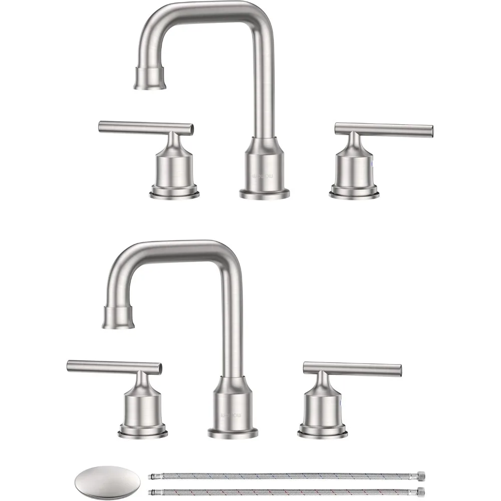 Brushed Nickel Bathroom Faucet Set: WOWOW Widespread Bathroom Sink Faucet 3Hole with Pop-up Drain and Supply Lines,8Inch Vanity