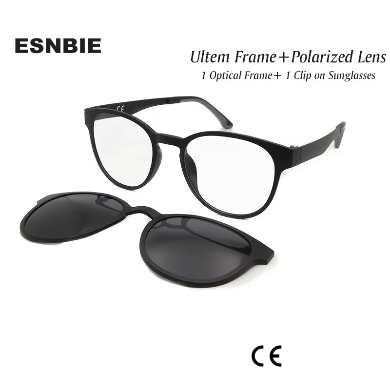 

ESNBIE Ultem Polarized Clip On Sunglasses Magnetic Frame Glasses Women Retro Round Eyeglass Spectacle Men oculos feminino