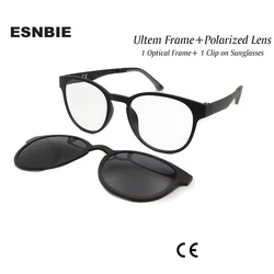 ESNBIE Ultem Polarized Clip On Sunglasses Magnetic Frame Glasses Women Retro Round Eyeglass Spectacle Men oculos feminino