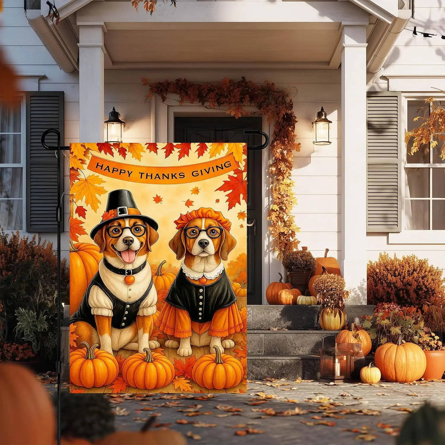Thanksgiving Beagle Garden Flag 12x18 Inch Double Sided | Beagle Dogs Dressed As Pilgrims Pumpkins Autumn Leaves for porch f uui