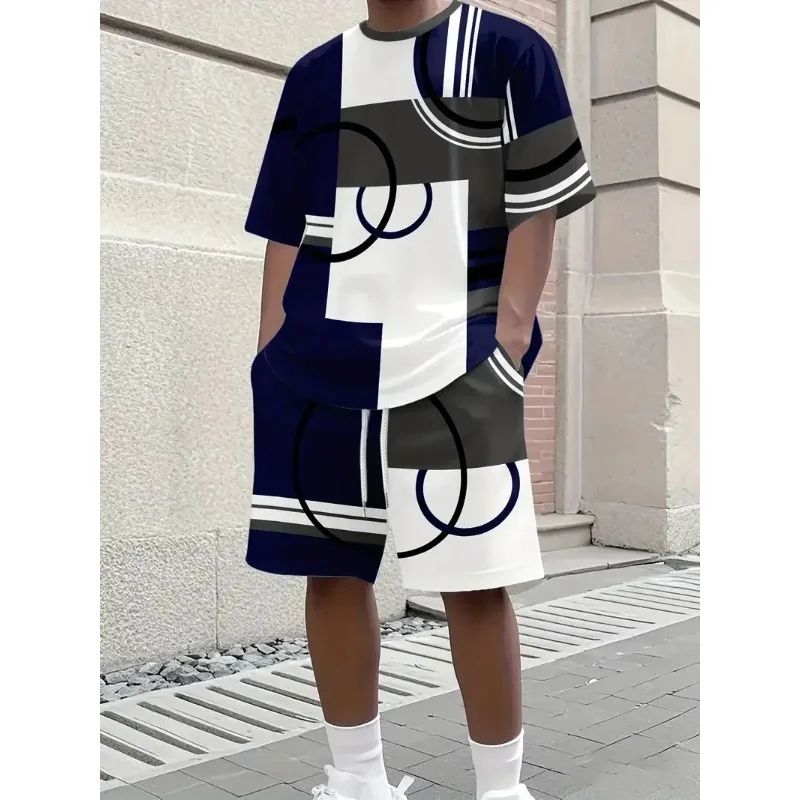 2025 Men's 3D Summer 2-piece Printed Round Neck Short Sleeved T-shirt and Sports Shorts Set Casual Outdoor Daily Polyester Fiber