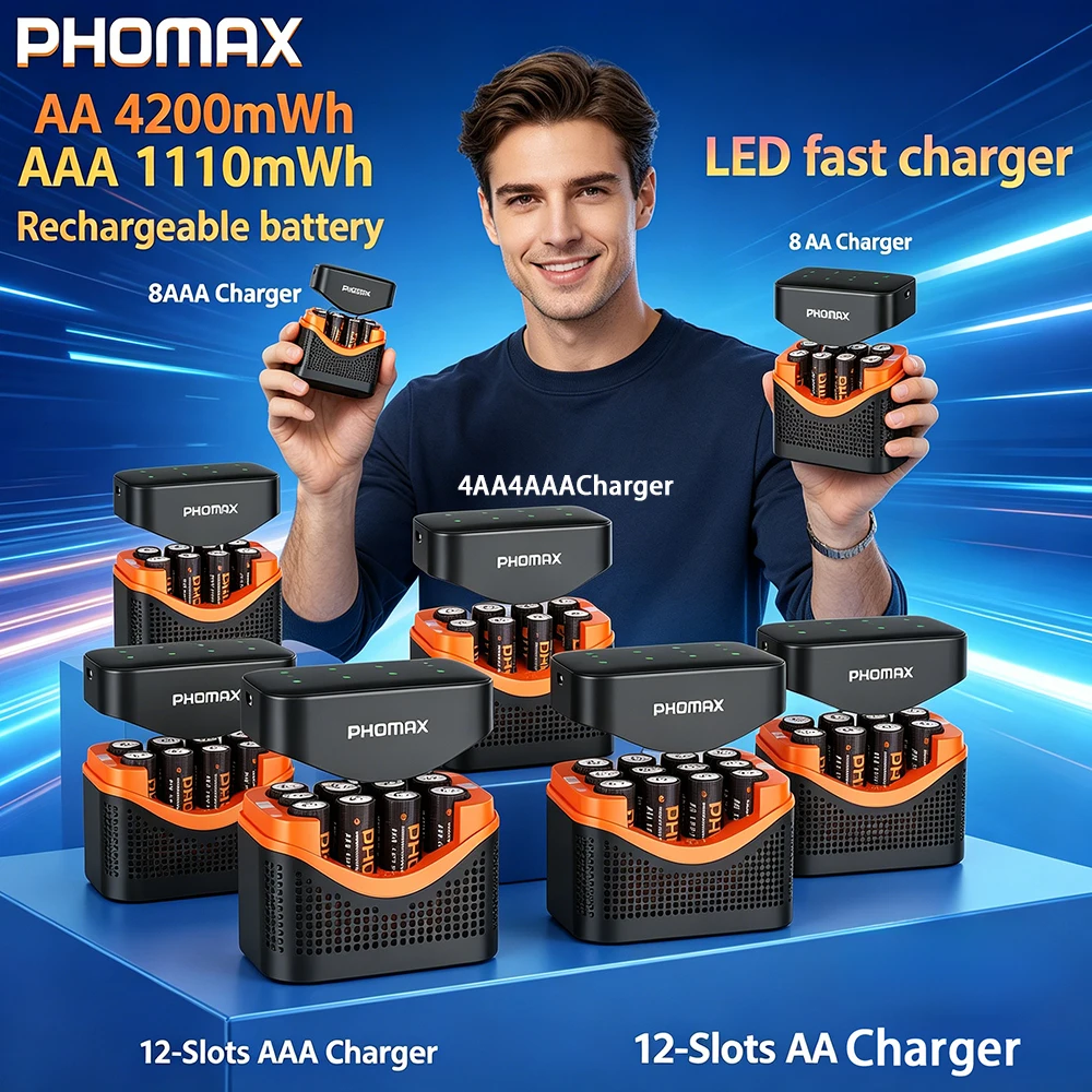 

PHOMAX Rechargeable Battery & Multi Slot Fast Charger 1.5V AA 4200mWh AAA 1110mWh For Clock Radio Video Game Digital Camera