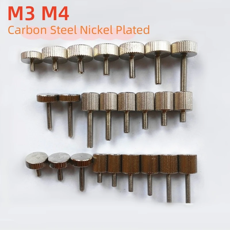 5~30pcs M3 M4 Carbon Steel Nickel Plated Round Head Bolt Knurled Flat Head Thumb Screw Manual Adjustment Thickening Screw Bolt