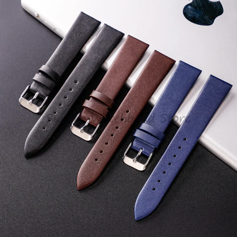 Cowhide Leather Watch Band Ultra Thin 12/14/16/18/20/22mm Watch Strap Plain Weave Needle Pattern Colorful Belt Replacement