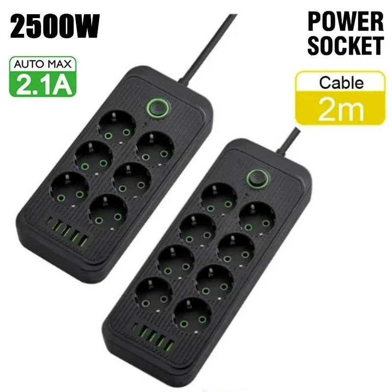 Regleta Universal de 2500W con Cable de Extensión de 2M, 6/8 Tomas EU, 4 Puertos USB Tipo C, Adaptador de Carga Seguro