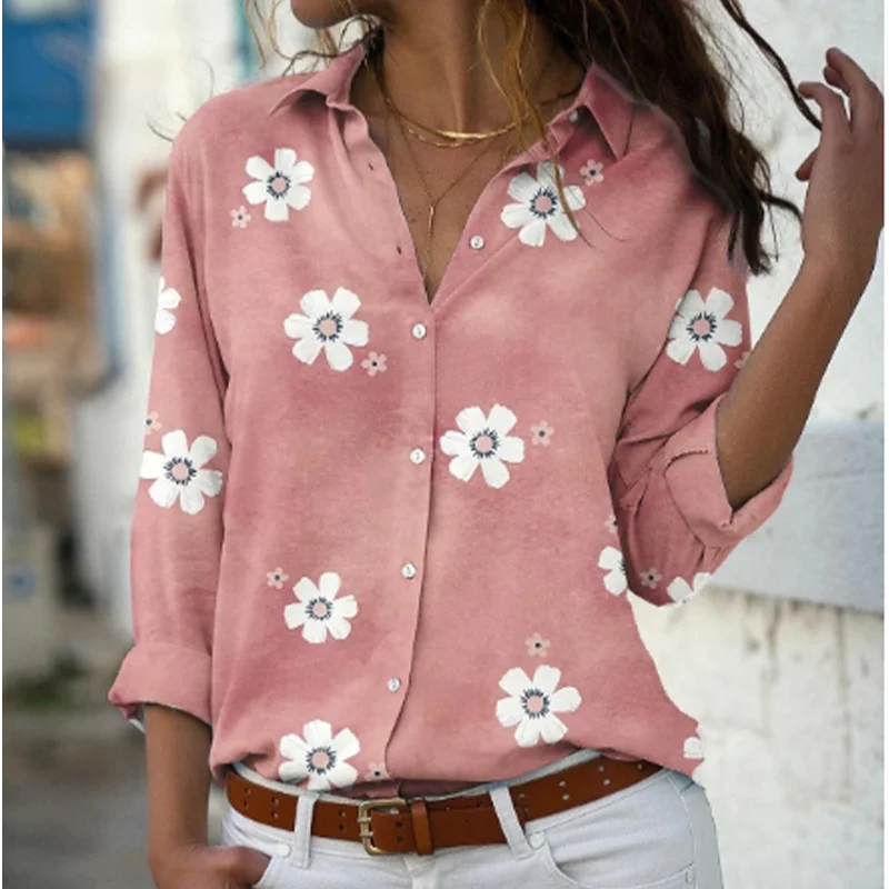 Nice Women's Long Sleeved V Neck Button Tops Casual Printed Flowers T-Shirt Autumn Spring Blouse