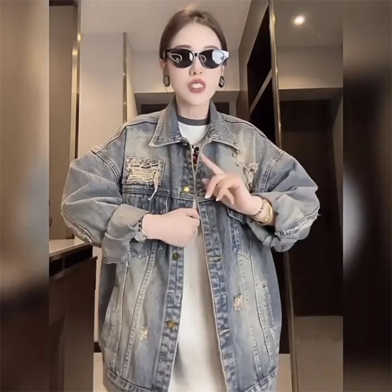 

American Retro new Fashion Hole Washing Design Denim Jacket Female Spring Autumn Loose Explosions Big Joker Cowboy Top Women