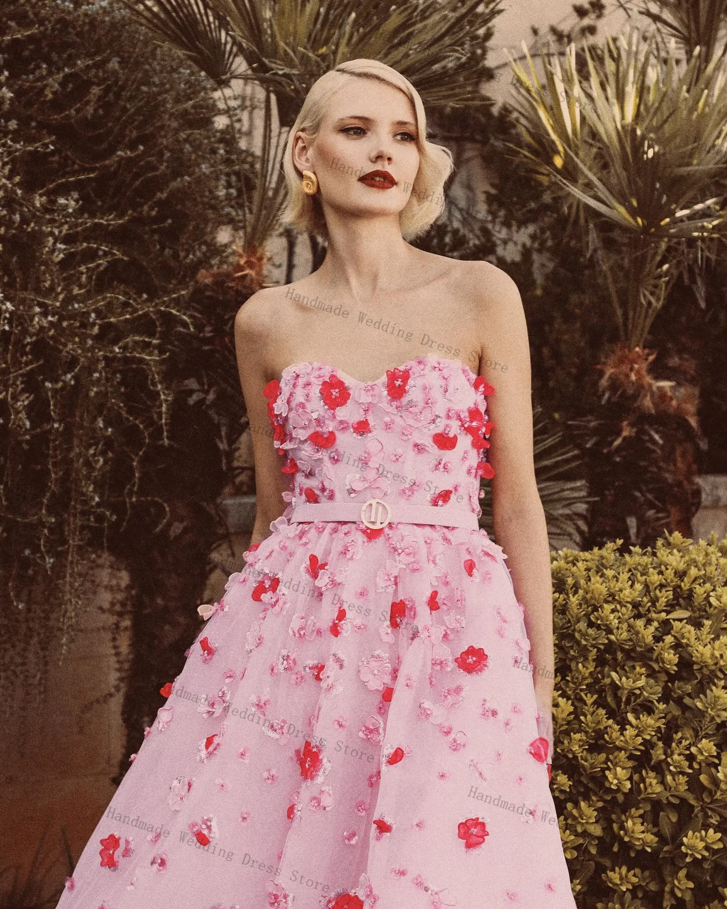 Vestido de fiesta de tul rosa para mujer, vestido Sexy sin tirantes sin mangas con flores 3D, vestido de fiesta de noche personalizado con cordones en la espalda