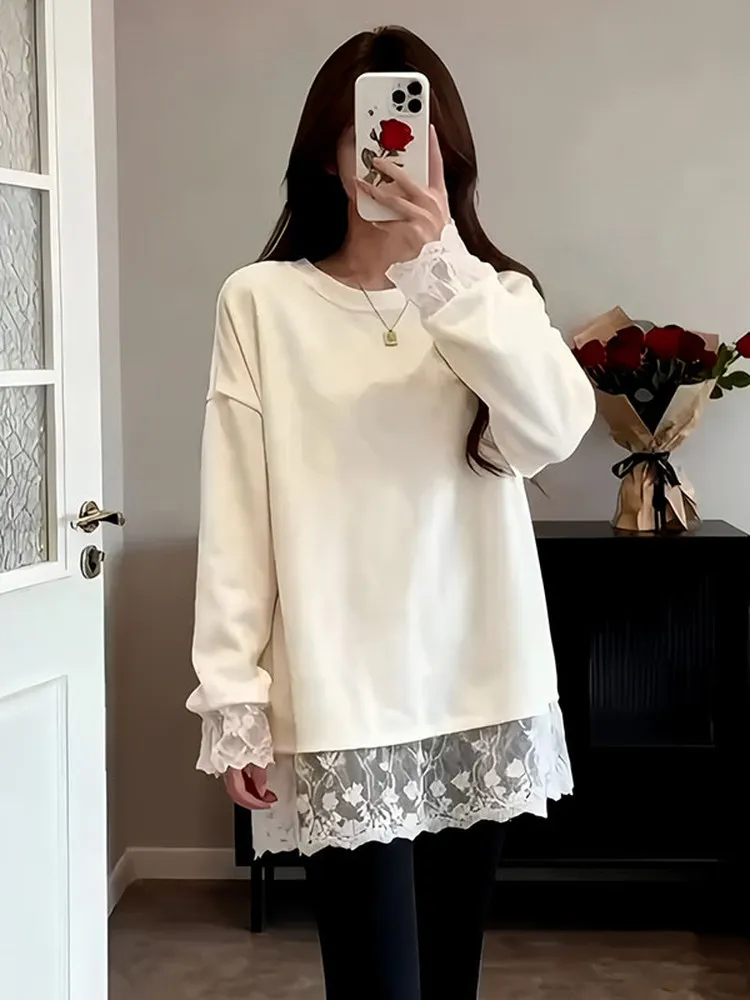 

Women's White Long-sleeve T-shirt Lace-trimmed Hem Layering Casual Trendy Loose-fitting Versatile Tops Chic Niche Sweet Preppy
