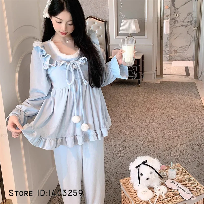 

Autumn Winter Island Velvet 2Pcs Pajamas Set Sleepwear Sweet Cute Women's Sleepwear Homewear Loose Casual Lounge Wear Pijamas