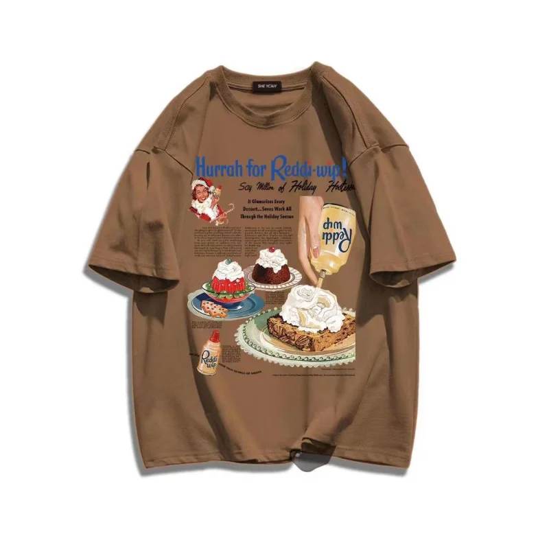 American Retro Burger Cake Print 100% Cotton Crewneck T Shirt Women Short Sleeve Casual Aesthetic Top 2023 Summer Gothic Clothes