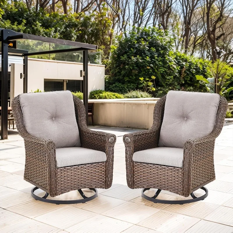 Set 2 Swivel Glider Chairs with Rattan Patio Side Table Brown Wicker Beige Cushions Chrysanthemum Armest Rattan