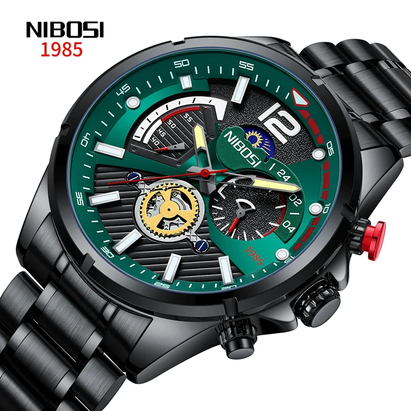 

NIBOSI Brand Luxury Tourbillon Design Quartz Watch for Men Stainless Steel Waterproof Luminous Calendar Big Dial Sport Watches