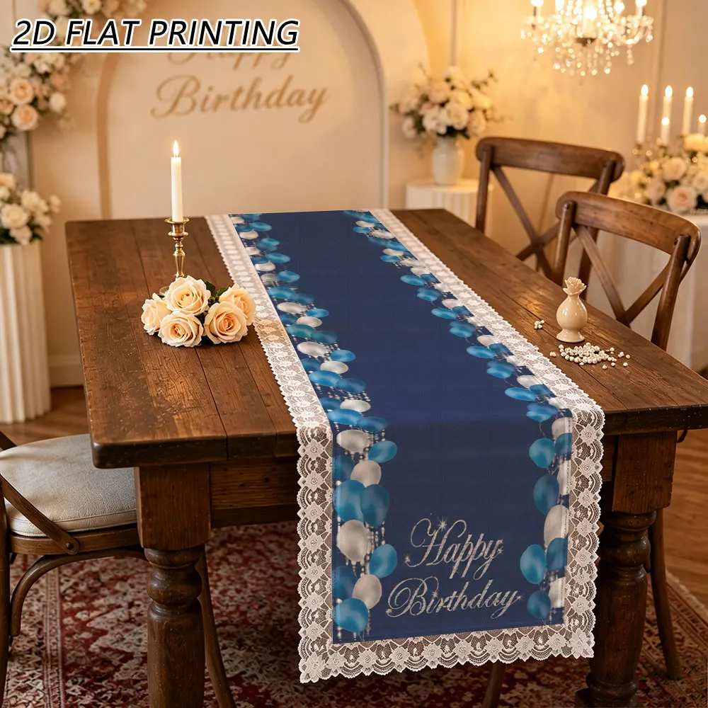 1pc Navy Blue Balloon Happy Birthday Pattern Tulle Lace Table Runner For Birthday Party Dinner Decor