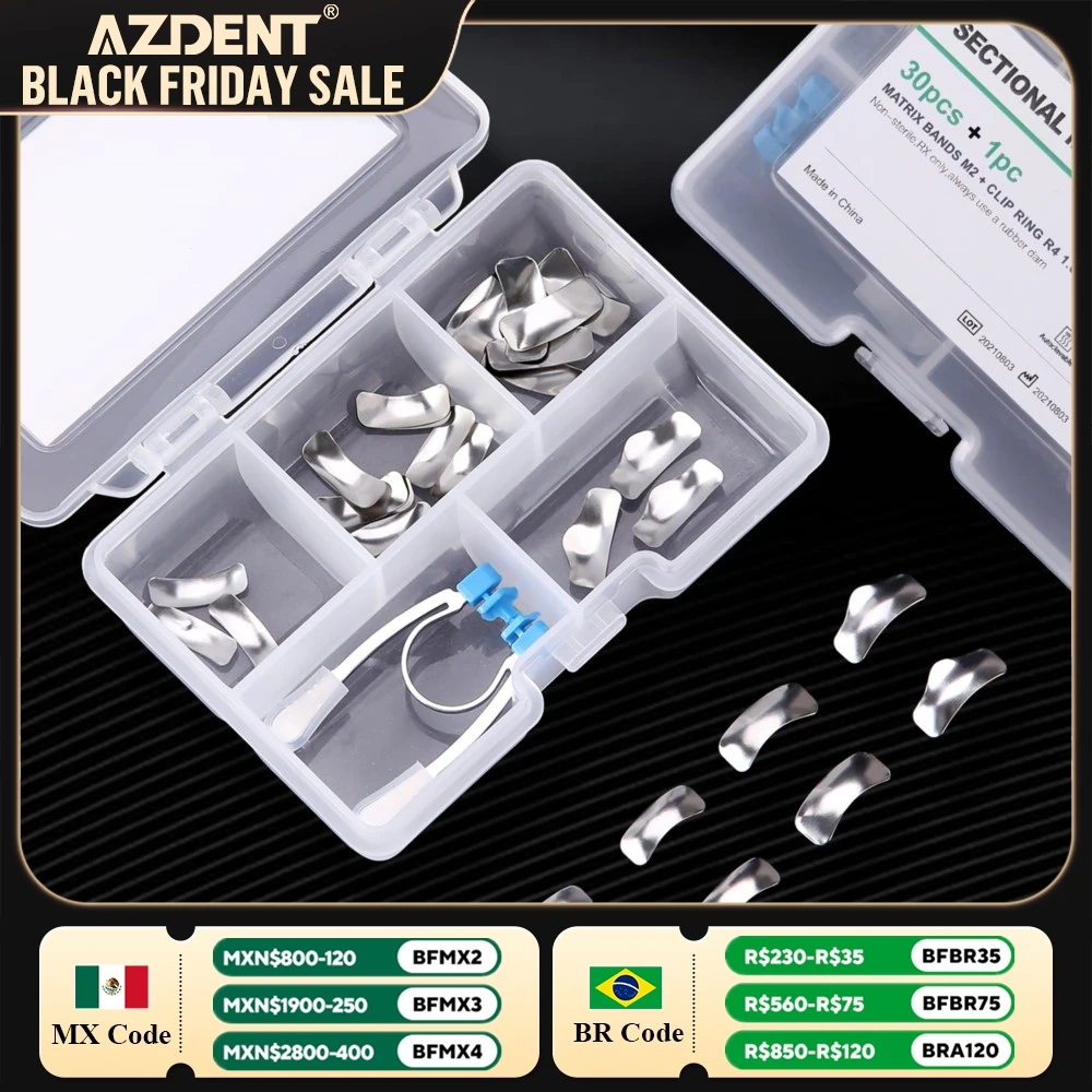 Dental Sectional Contoured Metal Matrices Matrix Bands AZDENT 30PCS Refill Forming Sheet with Clip Ring Set Dentistry Tools