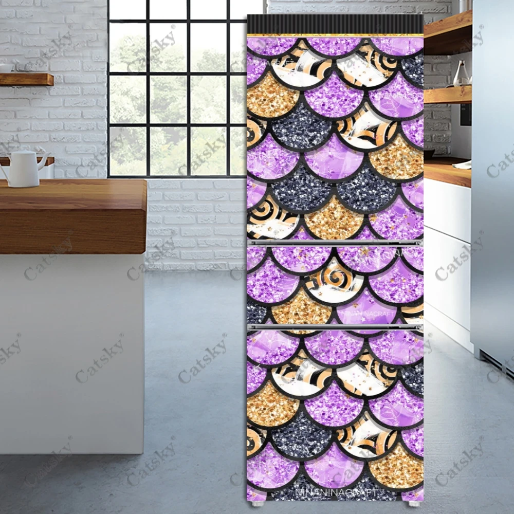 Purple Fish Scales Fridge Door Decoration Cover Wall Sticker Self-adhesive Flower Refrigerator Stickers Wallpaper Home Gift