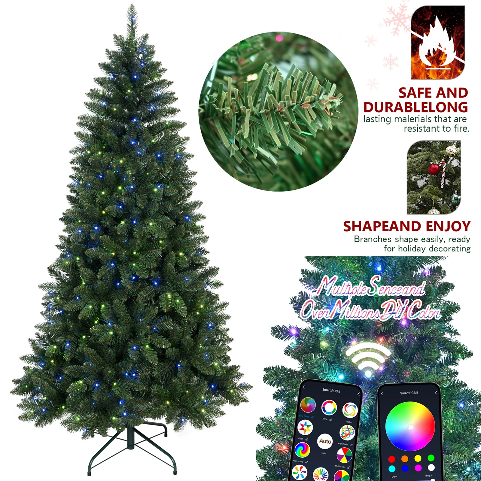 Artificial Christmas Tree APP Control WiFi LED String Light 38 Function Sturdy Metal Stand Base Holiday Decoration PVC Xmas Tree