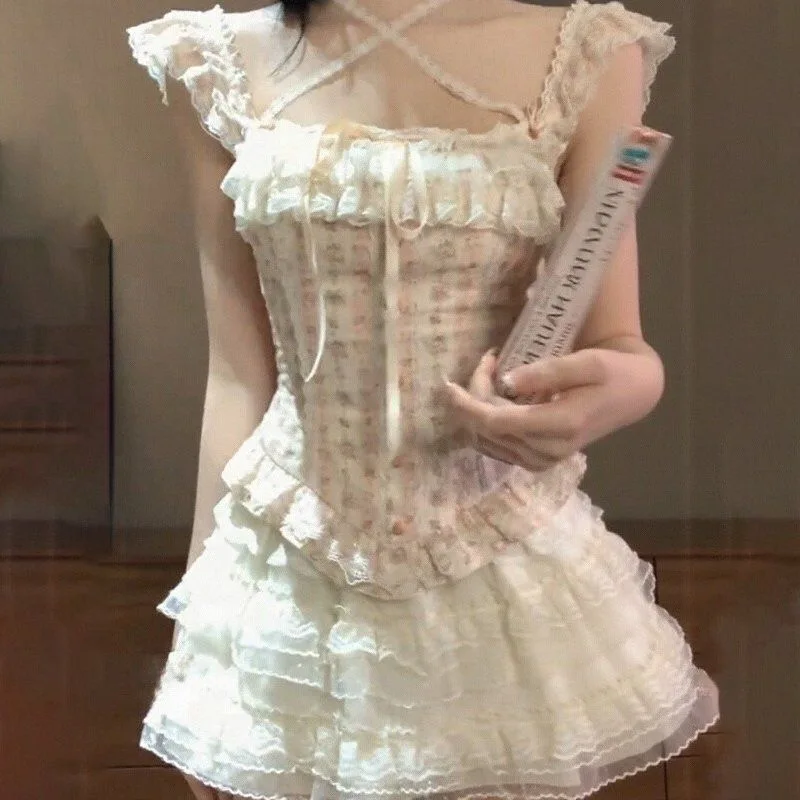 Sweet Kawaii 2 Piece Skirt Sets Lolita Dot Bow Short Sleeve Tops + 2000s Slim Lace Y2k Mini Skirts Japanese Style Vintage Suits