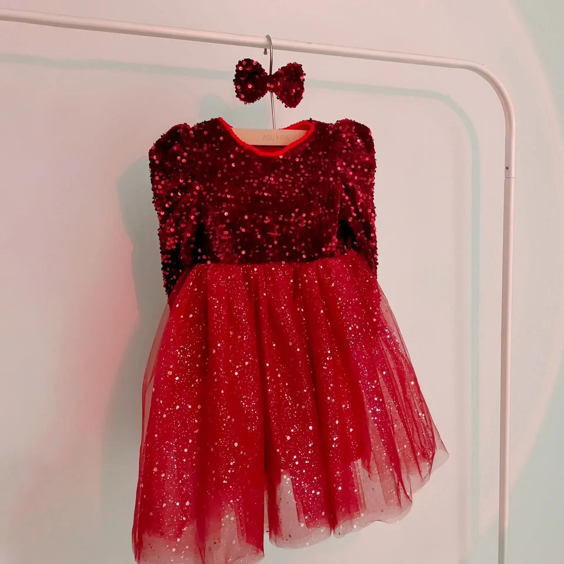 Red Sequins Christmas Dress for Girls Kids Winter 2024 New Long Sleeve Clothes Princess Children Birthday Party New Year Costume