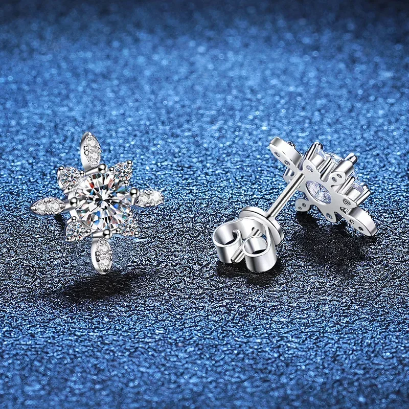 Test Passed Moissanite Stud Earrings Women Snowflake Earring 925 Sterling Silver Plated Rhodium Sparkly Fine Jewelry Gift