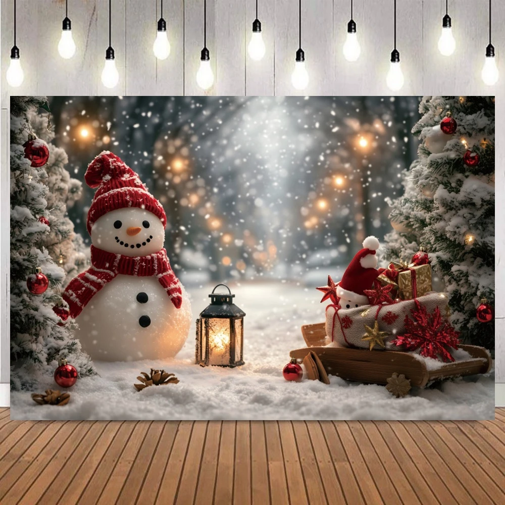 Winter Christmas Outdoor Themed Deco Photo Background Snowman Sunshine Gifts Xmas Tree Forest snowfield Photography Backdrop