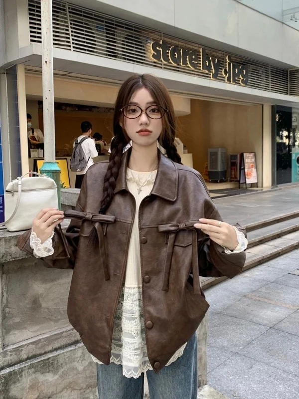 أوائل الخريف بو الجلود Jaet المرأة الشتاء الأمريكية عقدة صغيرة دراجة نارية ort معطف خمر فضفاضة تناسب سستة #3