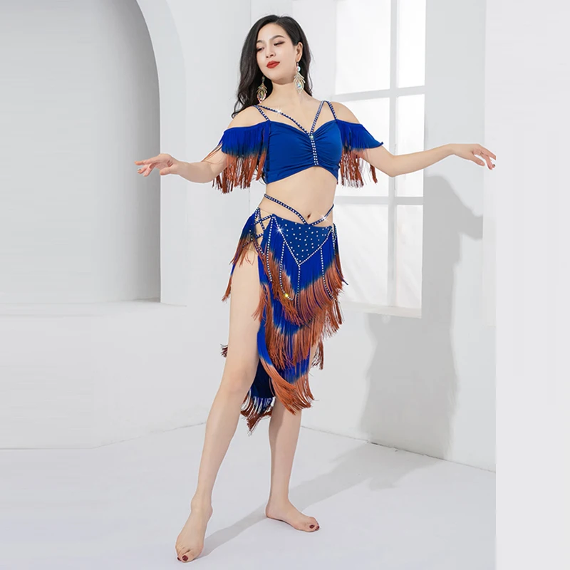 Women's Belly Dance Clothing Two tone Hot Diamond Tassel Light Luxury Practice Clothing Group Performance Clothing Set